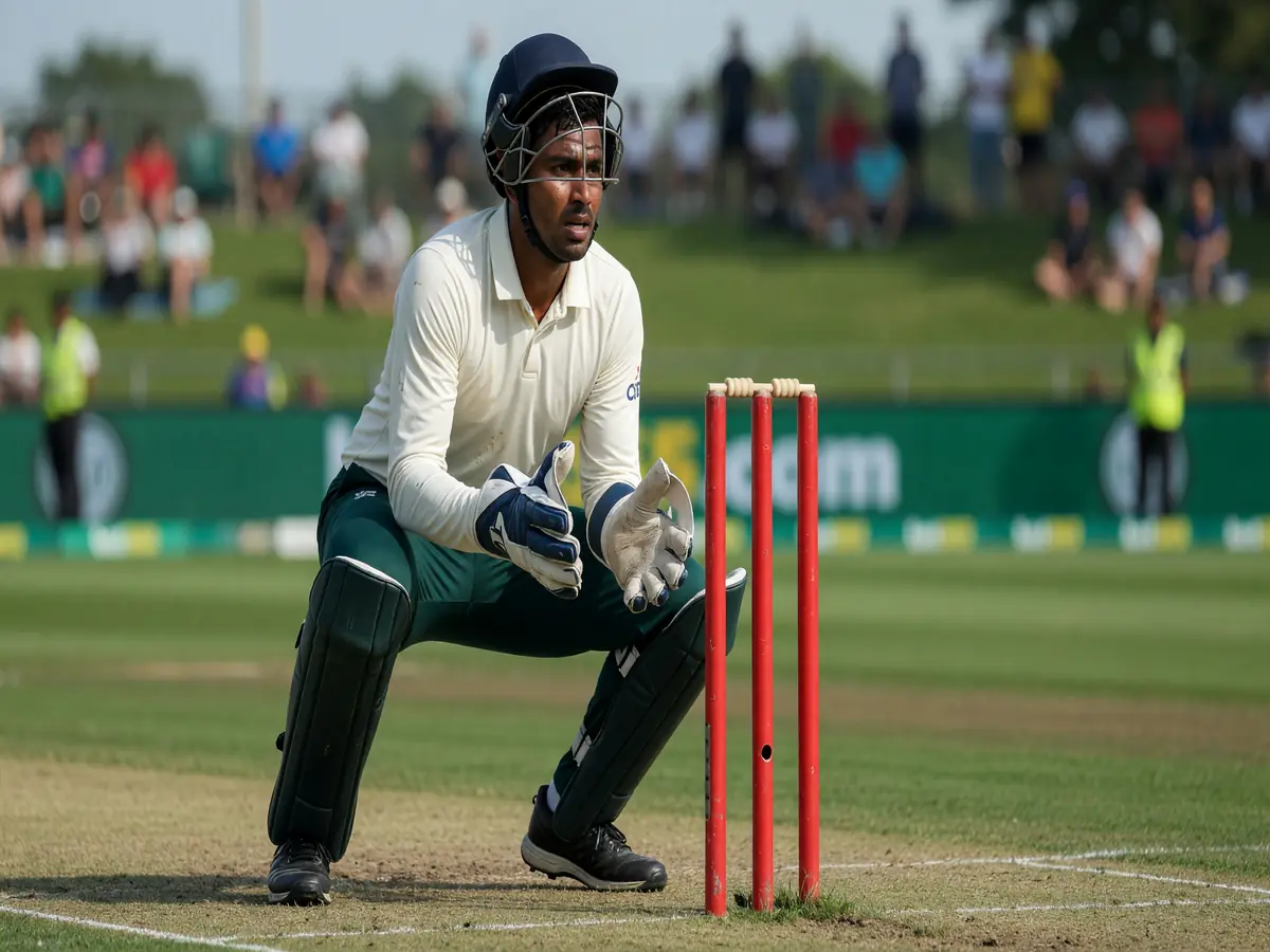 A wicketkeeper crouched behind the stumps watching the bowler run in