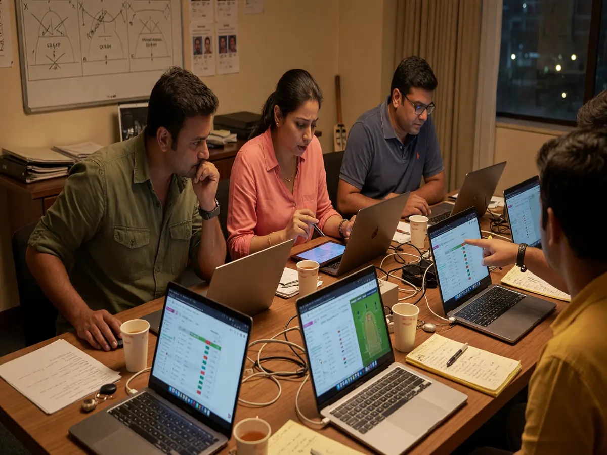 Two adult friends with a notebook and laptop planning fantasy teams