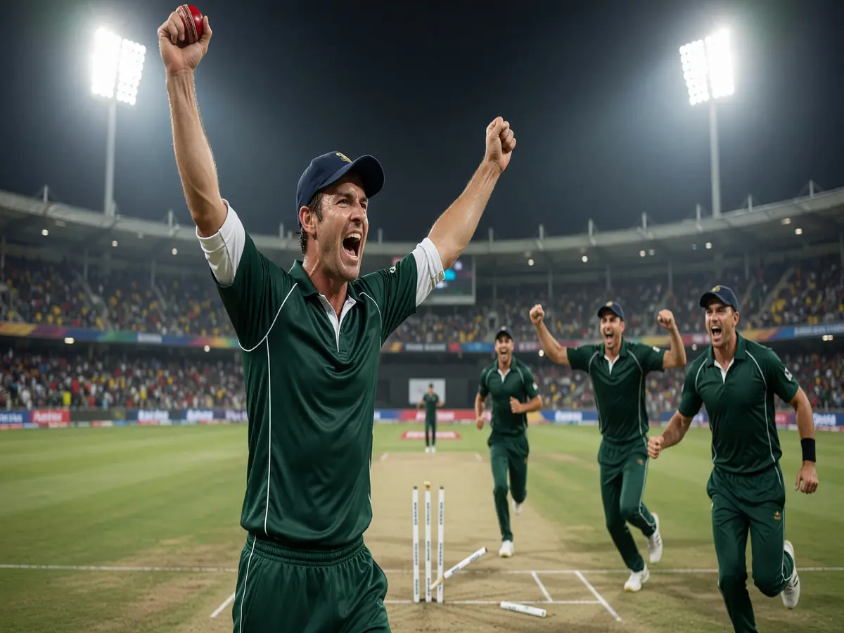 Cricket player celebrating a wicket under stadium floodlights