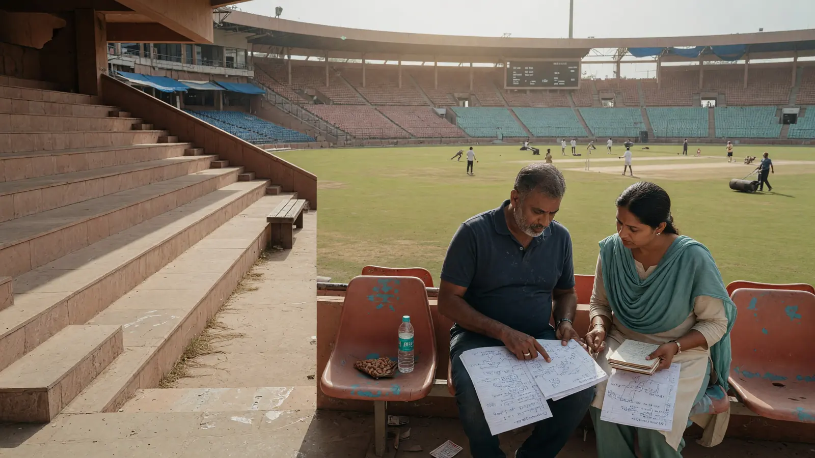 Two adult spectators reviewing handwritten strategy notes at a cricket ground before a daytime match