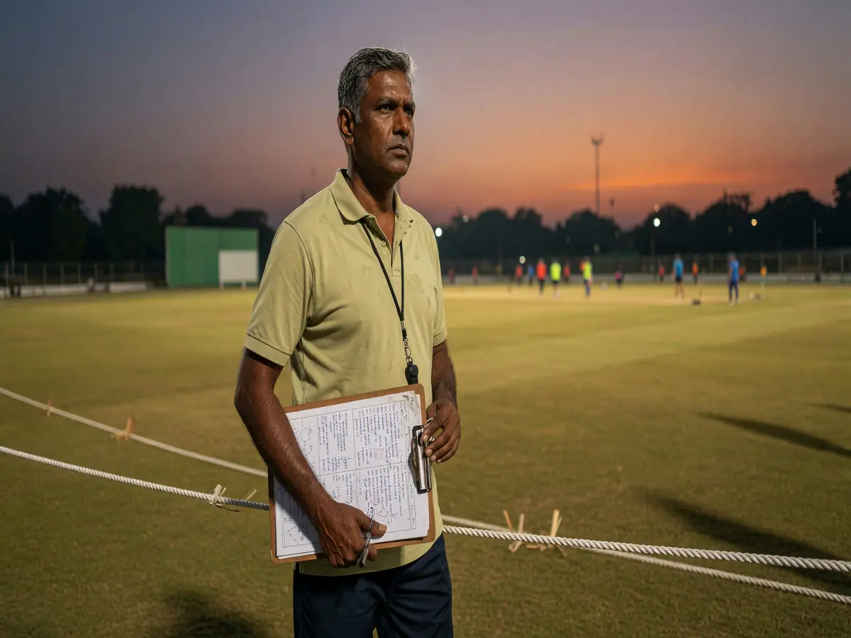 Cricket analyst studying two blank selection cards beside a practice ground