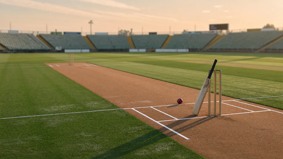 Blank player tokens and a coloured score grid on a wooden table with a notebook and a cricket ball