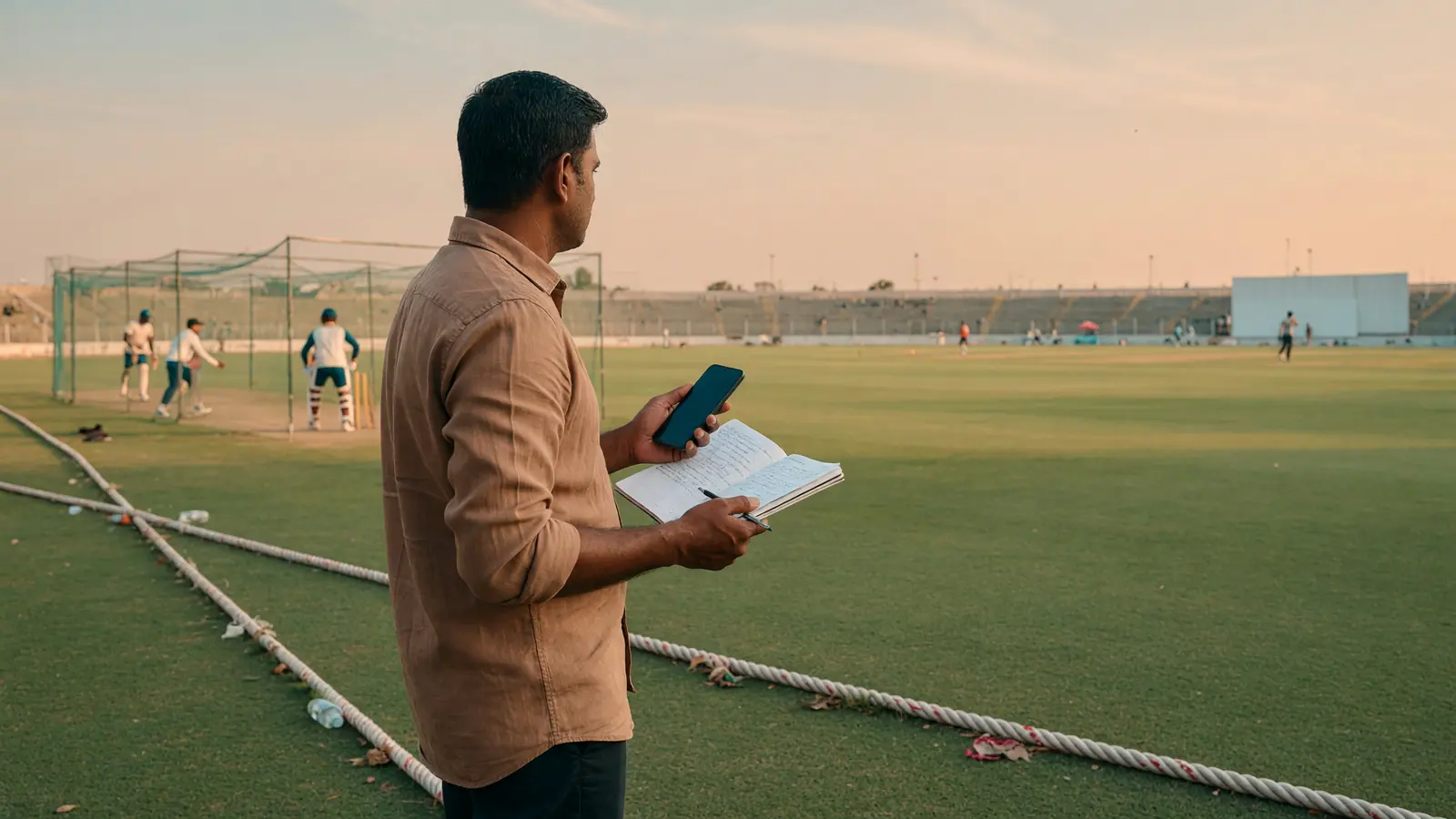 Cricket analyst studying two blank selection cards beside a practice ground