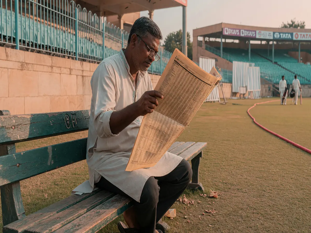 Blank player tokens and a coloured score grid on a wooden table with a notebook and a cricket ball