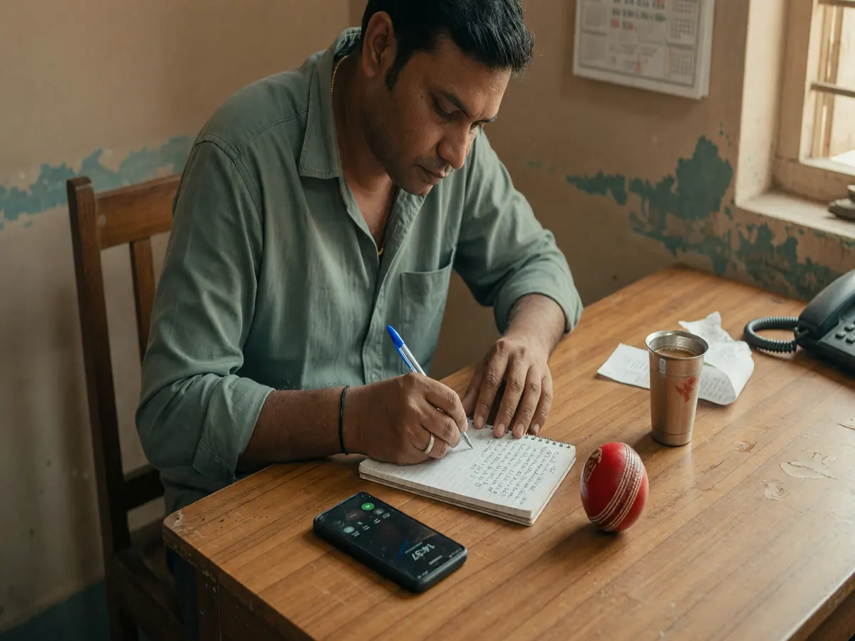 Two adult friends with a notebook and laptop planning fantasy teams