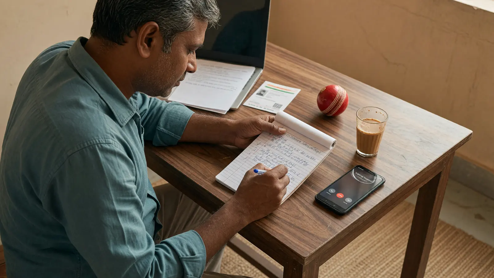 Adult fan ending a short planning session at a tidy dining table with phone face down