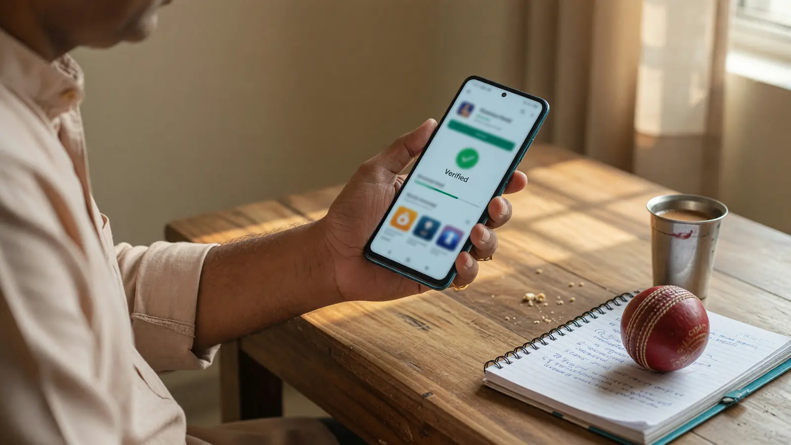 Downloading a verified mobile app onto an unbranded smartphone at a wooden table