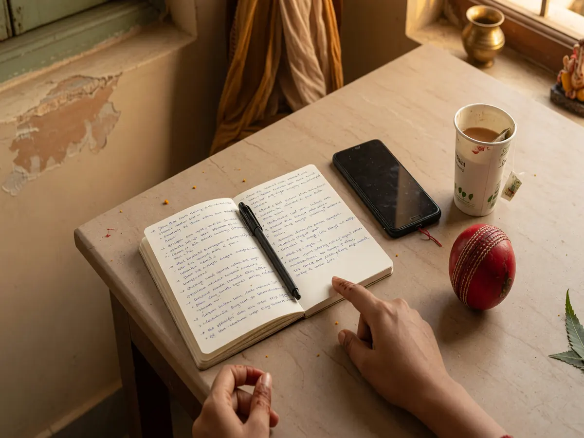A tidy desk recovery kit with a notebook, pen, smartphone and a cricket ball