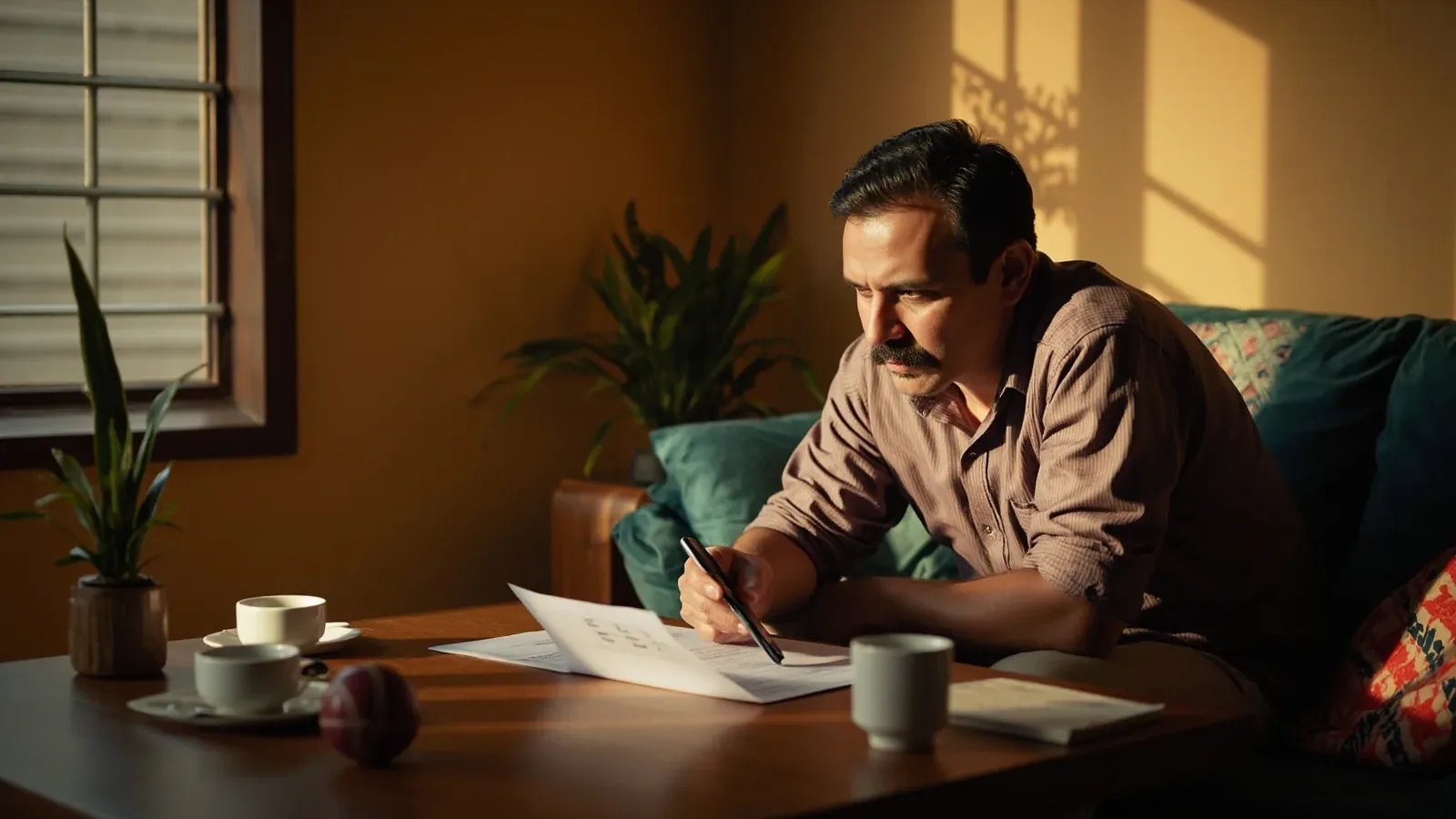 An adult at a wooden table reviewing a printed checklist beside a phone and a cricket ball