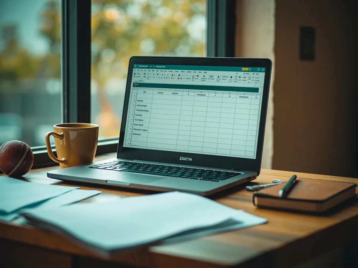A tidy adult desk with a laptop showing a blank spreadsheet, a printed dossier, and a cricket ball