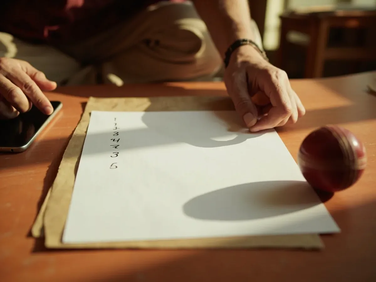 An adult's hands writing a six-step numbered checklist on a blank sheet beside a phone and a cricket ball