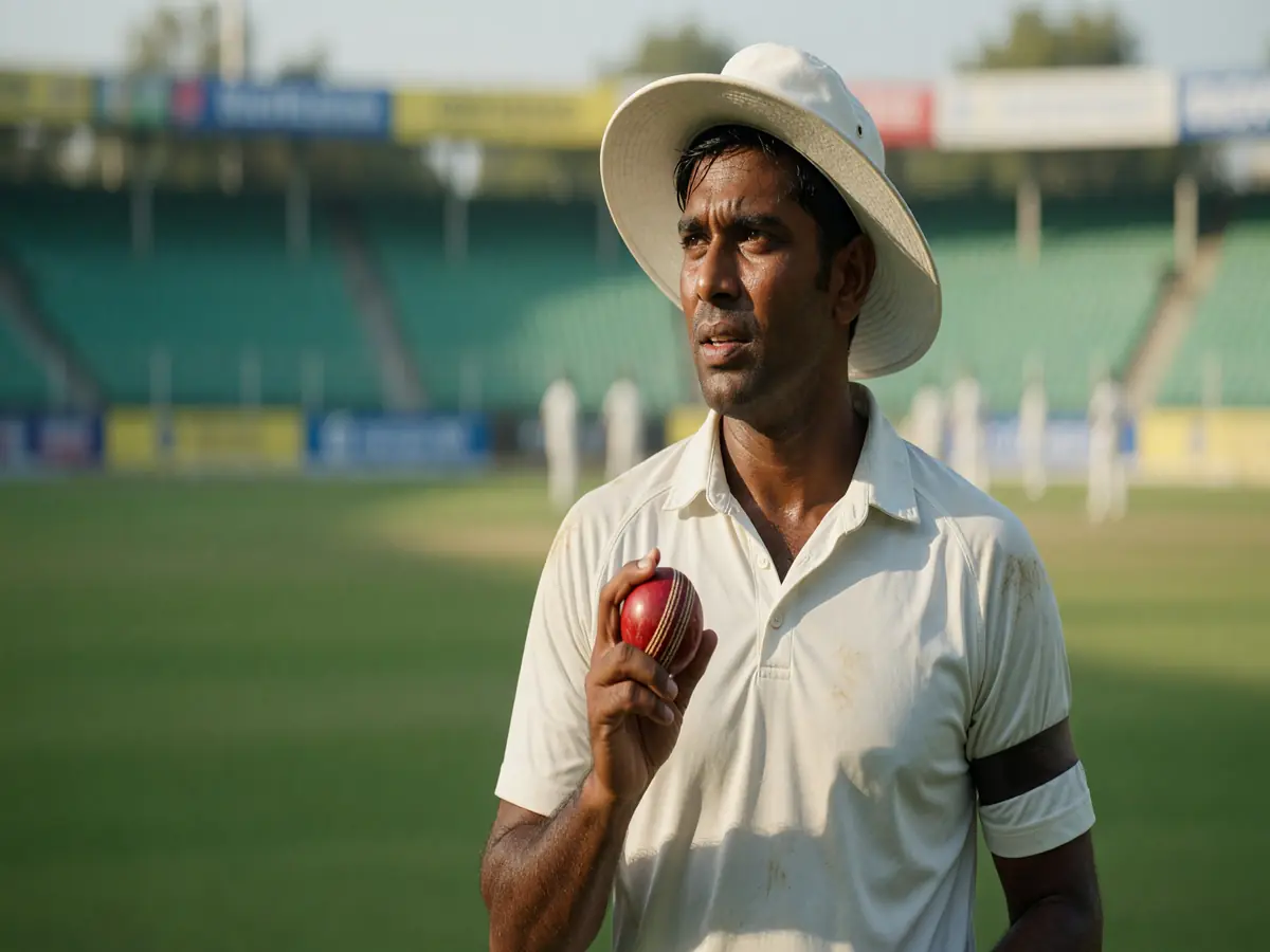 Cricket captain holding the ball mid-thought on the field